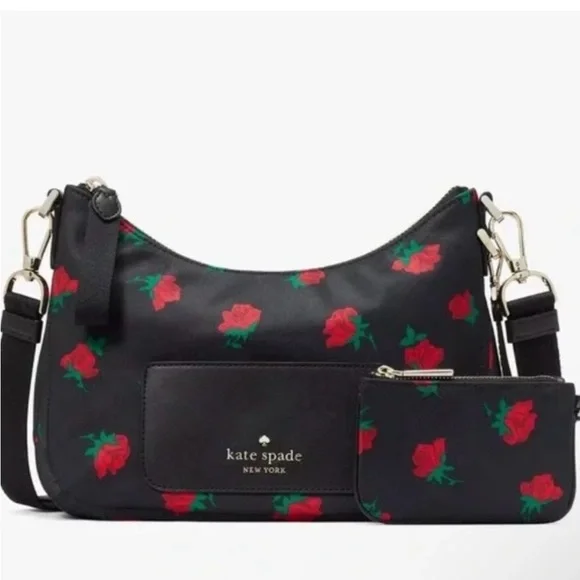 kate spade Black Floral Shoulder Bag with Red Rose Print and Pouch - Picture 6 of 8